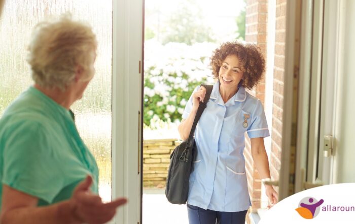 A caregiver comes in to see a client at home representing senior home care and the services offered.