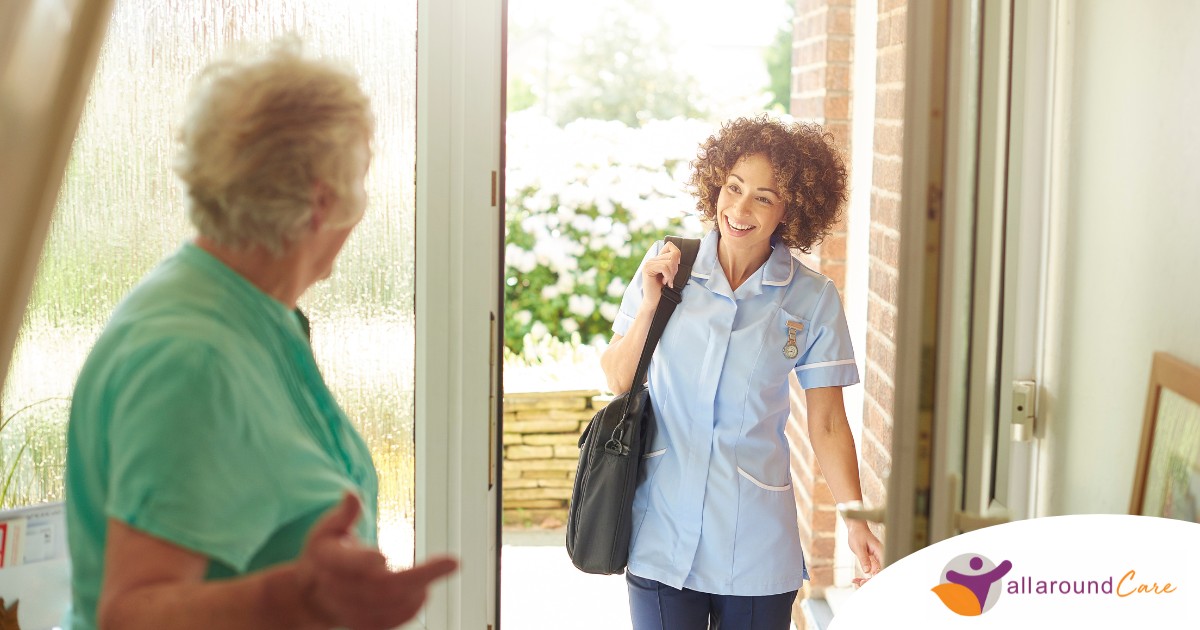 A caregiver comes in to see a client at home representing senior home care and the services offered.