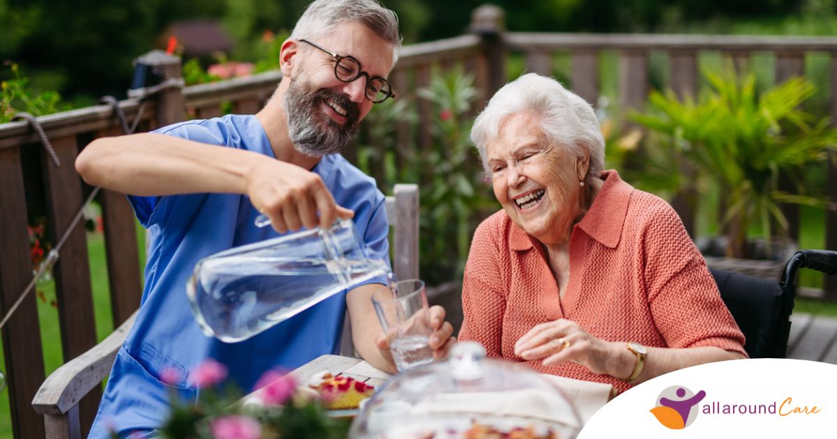 A caregiver applies summer Caregiving Tips including helping a senior stay hydrated.