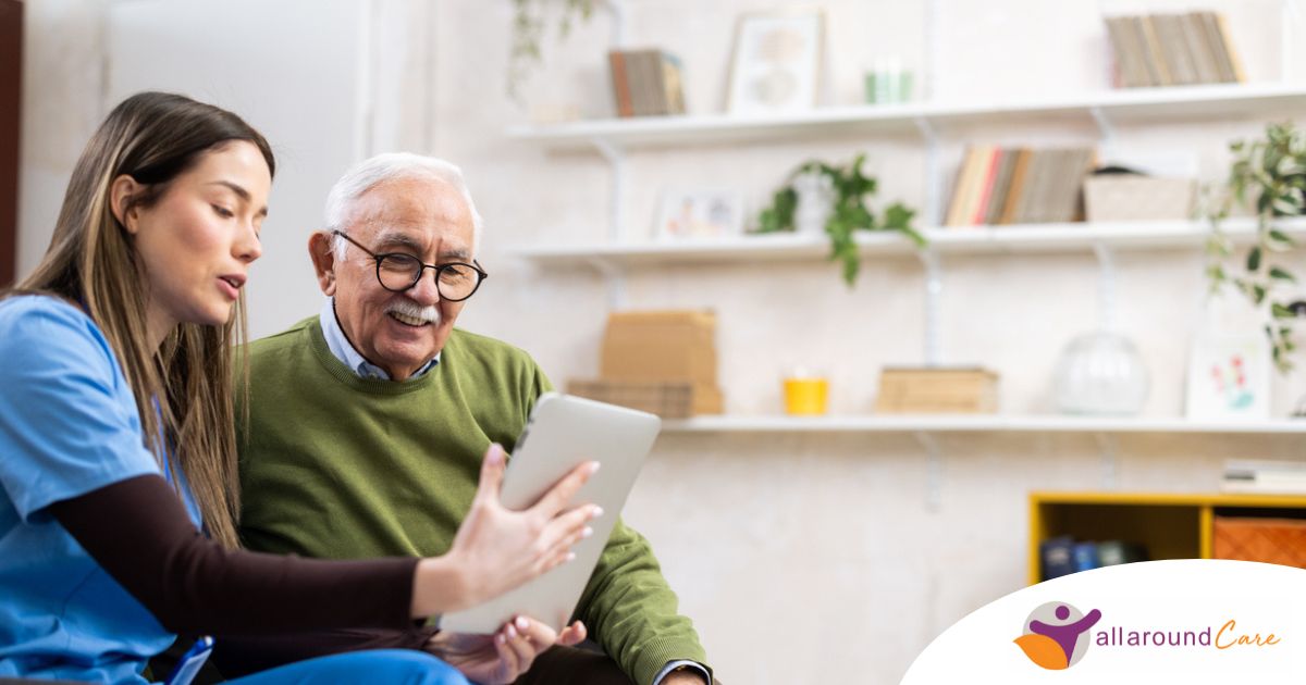 Home caregiver assisting senior man to use telehealth and senior care